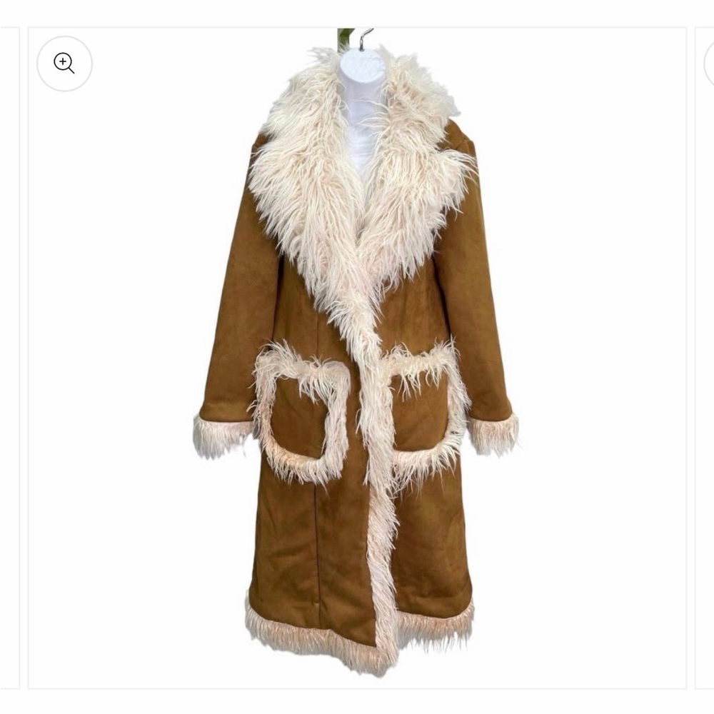 Brown Boho Casual Women's Contrast Shaggy Faux Fur Mid-Length Jacket - Picture 3 of 3